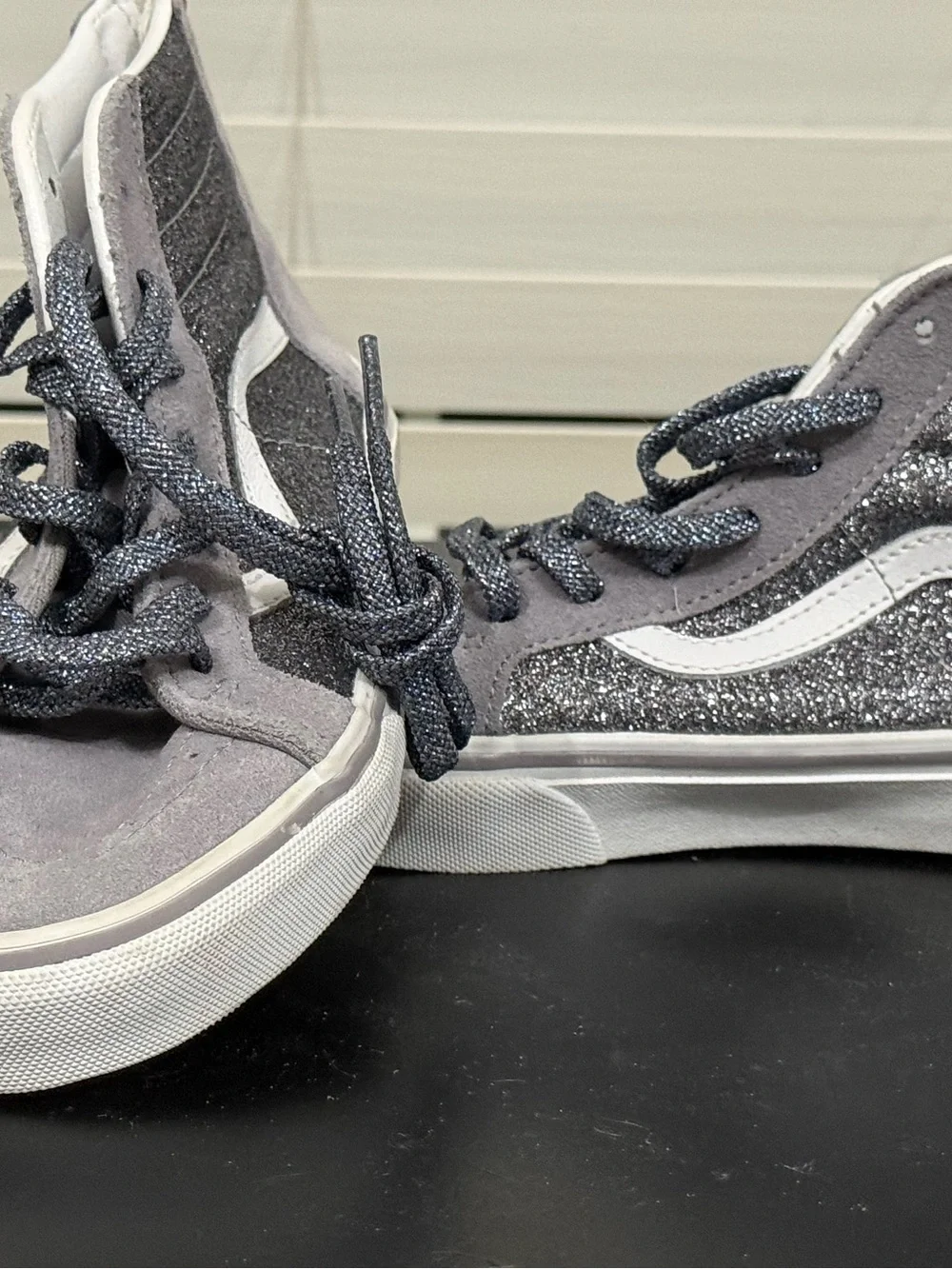 Vans Kids High-Top Glitter Sneakers in Gray and White